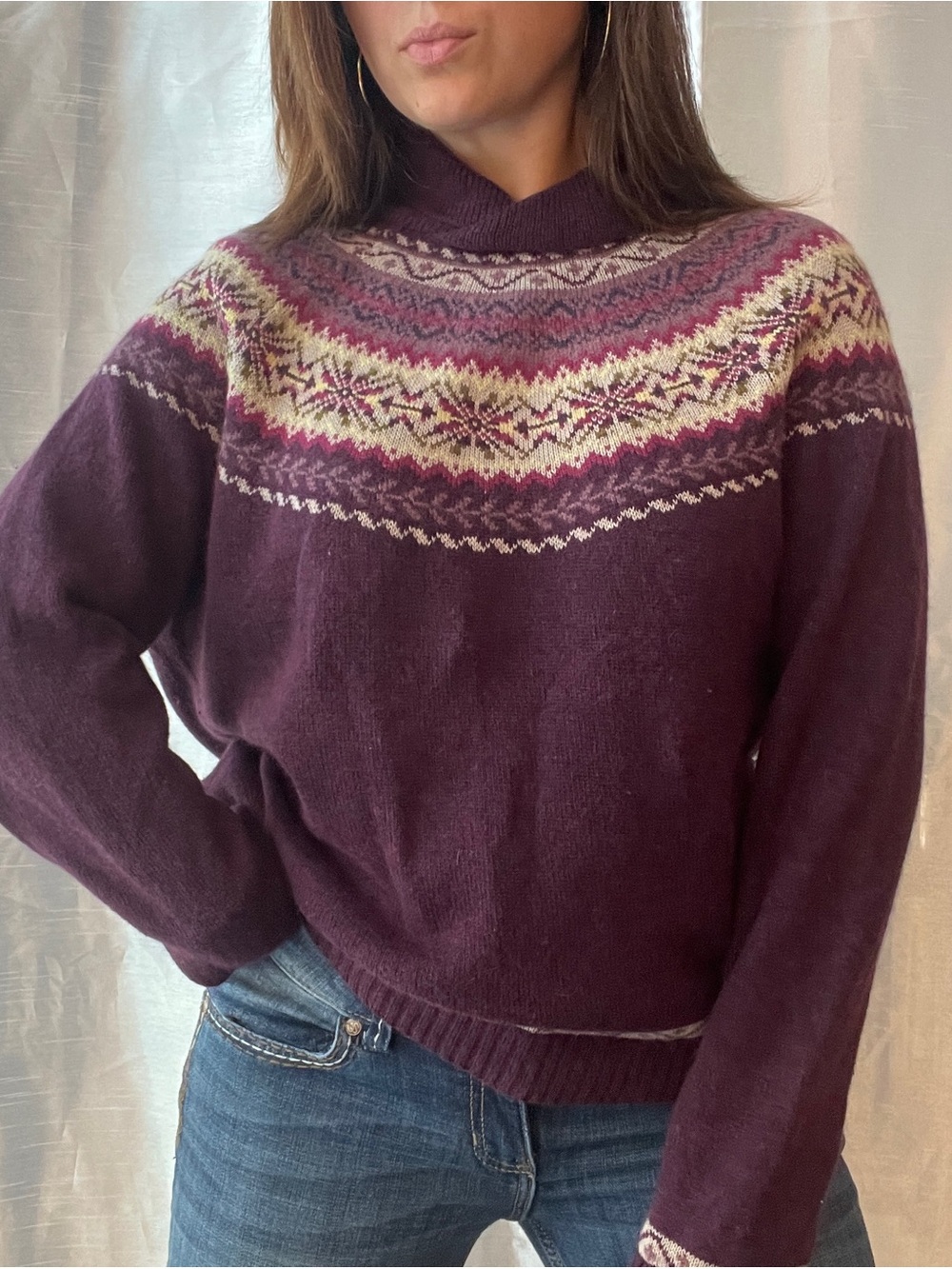 Evan Picone Fair Isle Sweater Women Large Purple Mock Neck Wool Knit 90s Vintage